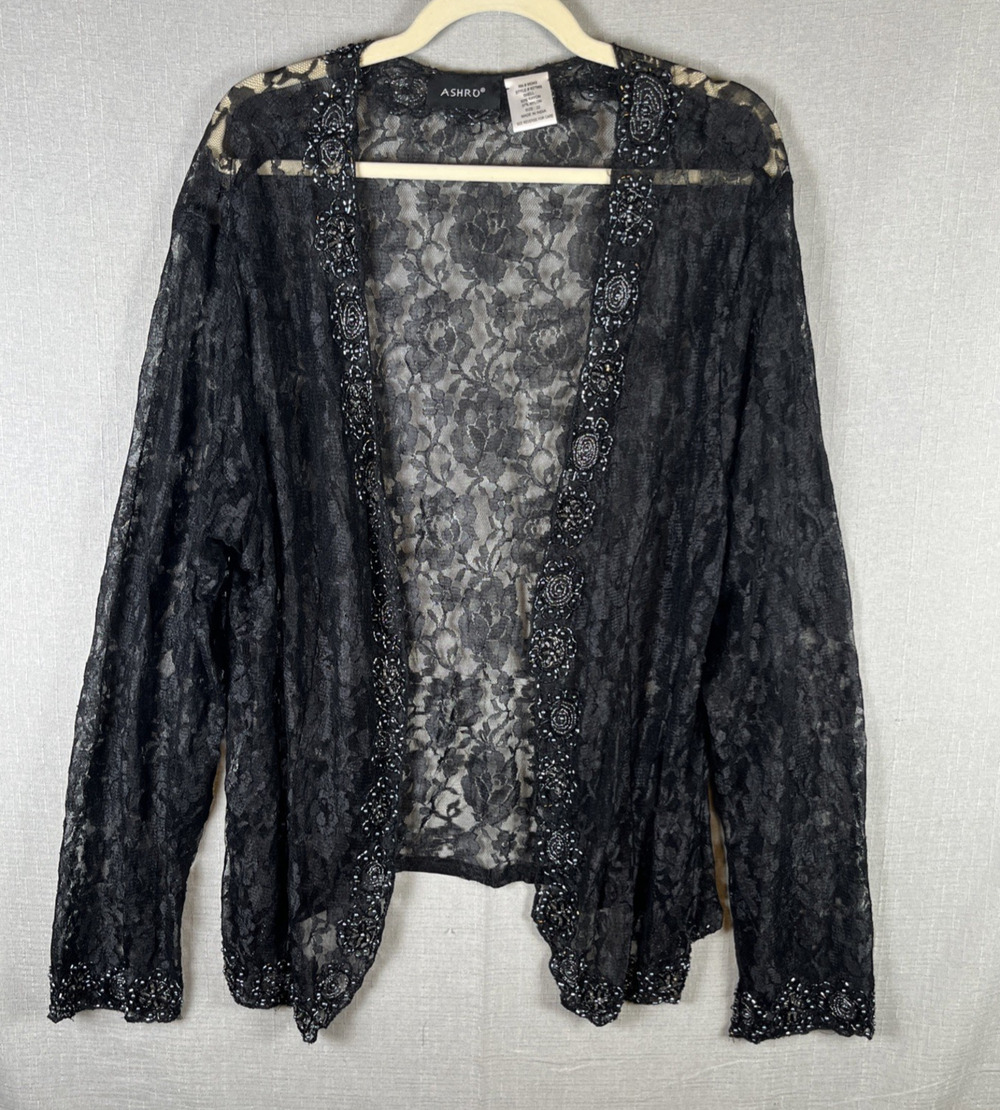 Black Floral Lace Open Front Cardigan Womens Size 1X 22 Boho Whimsigoth Beaded